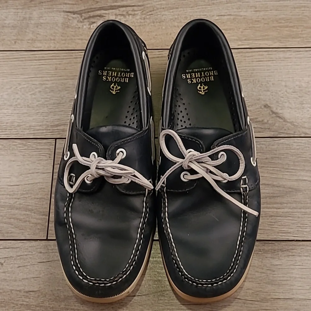 BROOKS BROTHERS Dark Navy Blue Leather‎ Rubber Sz 10 D Mens Casual Boat Shoes